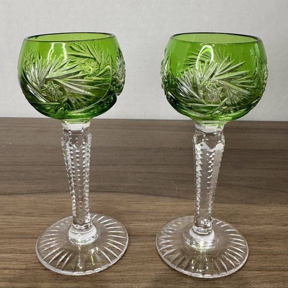 Set Of 2 Vintage Mini Green Cut to Clear Bohemian Crystal Cordial Glasses 4.5" - Picture 4 of 8